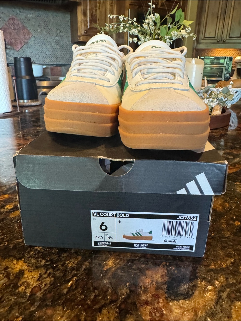 Adidas Women's VL Court White Sneakers with Green Stripes & Gum Platform - Picture 2 of 5